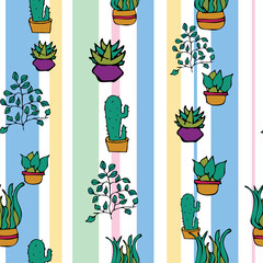 Vector white background plant in pot, succulents seamless pattern. Seamless pattern background