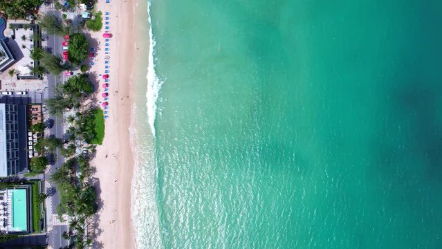 Phuket Patong beach top down view from drone camera, Beautiful patong beach Phuket Thailand Amazing sea beach sand tourist travel destination in the andaman sea Beautiful island on June 17-2022