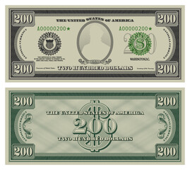 Vector two hundred dollars banknote. Gray obverse and green reverse fictional US paper money in style of vintage american cash. Frame with guilloche mesh and bank seals. Rutherford