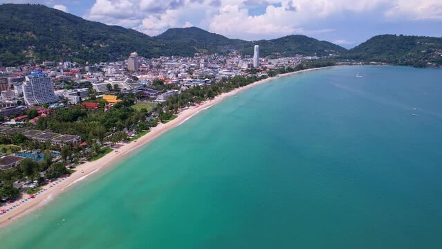 Phuket Patong beach top down view from drone camera, Beautiful patong beach Phuket Thailand Amazing sea beach sand tourist travel destination in the andaman sea Beautiful island on June 17-2022