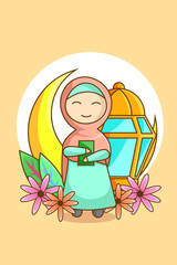 Cute Girl with Lantern and Half Moon Cartoon Illustration
