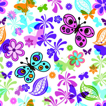 Seamless spring pattern with colorful butterflies and flowers on a transparent background. Vector eps 10