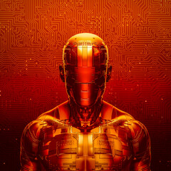 Faceless artificial intelligence - 3D illustration of dark blank faced male robot figure with abstract computer circuit board background