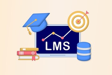 LMS, Learning Management System as online education concept. Educational technology, online learning delivery, training, knowledge software application, qualification framework. 3D vector illustration