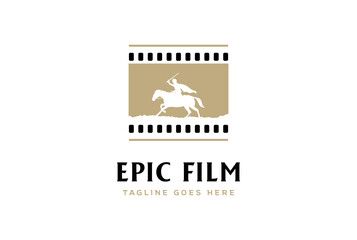 Film Strip Reel Horse Knight Silhouette Medieval Warrior Horseback bring War Sword for Epic Colossal Movie Cinema Production Logo Design Vector