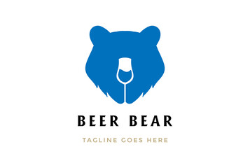 Blue Bear Head Face Silhouette with Beer Wine Liquor Glass for Bar Saloon Tavern Brewery Logo Design Vector