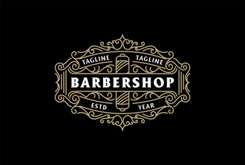Vintage Retro Barbershop Border Ornament Logo Design Vector