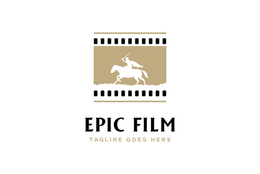Film Strip Reel Horse Knight Silhouette Medieval Warrior Horseback bring War Sword for Epic Colossal Movie Cinema Production Logo Design Vector