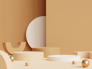 3D rendering of geometric podium, exhibition stand, product display on beige background. Earth tone. Minimal.