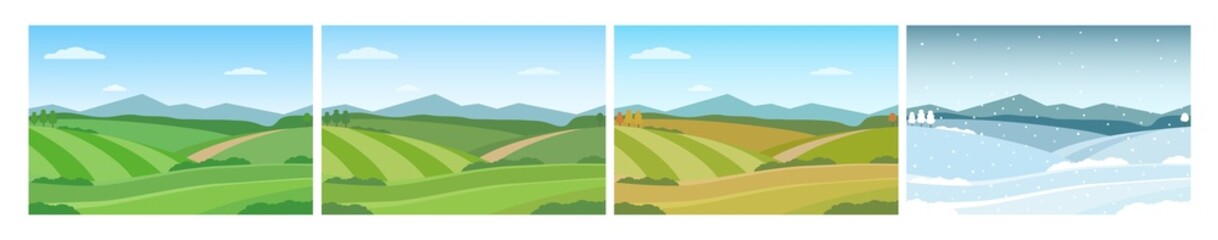 Natural landscape with hills, meadow and mountains. Four seasons: spring, summer, autumn, winter. Vector illustration.