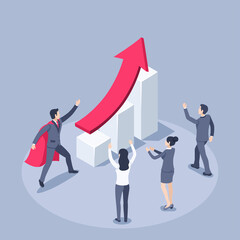 isometric vector illustration on a gray background, man in a business suit and a superman cape near a chart with a red arrowhead growing up and people rejoicing and welcoming him, a successful leader