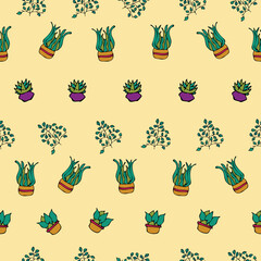 Vector white background plant in pot, succulents seamless pattern. Seamless pattern background