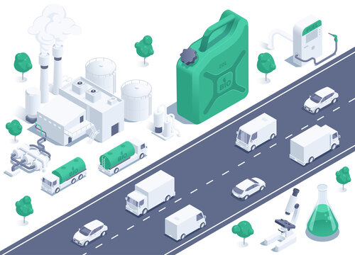 isometric vector illustration on a white background, a factory for the production of bio fuel, a canister and fuel trucks next to a dispenser, cars on the road driving on ecological biofuel