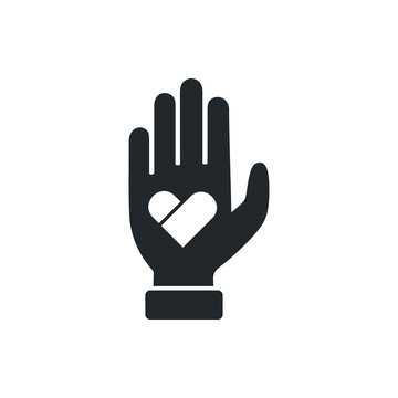 flat vector image on white background, icon of a hand with a heart in the palm, charity and love