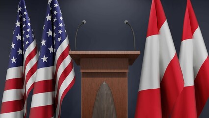 Flags of USA and Austria at international meeting or negotiations press conference. Podium speaker tribune with flags and coat arms. 3d rendering