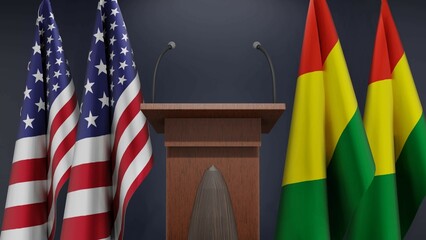 Flags of USA and Bolivia at international meeting or negotiations press conference. Podium speaker tribune with flags and coat arms. 3d rendering