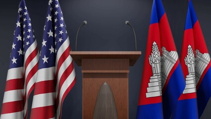 Flags of USA and Cambodia at international meeting or negotiations press conference. Podium speaker tribune with flags and coat arms. 3d rendering