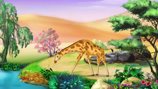 African giraffes in savannah 4K animation
