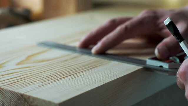woodworker marks the workpiece with the help of a miter and a pencil