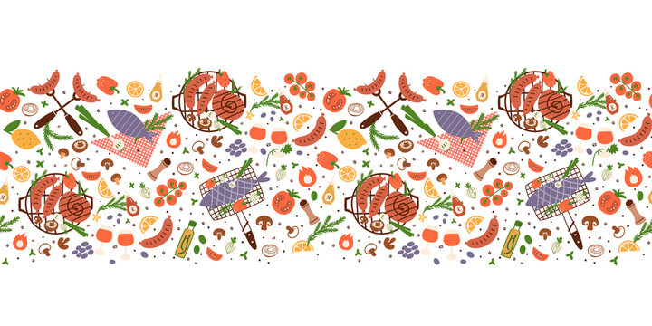 BBQ party seamless border. Summer picnic party food. Outdoor picnic party seamless banner with barbecue grill, roasted sausages, tomatoes, vegetables, grilled fish, tomatoes. Vector illustration.