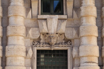 Fototapeta na wymiar Palazzo Madama Exterior Close Up with Sculpted Lion in Rome, Italy