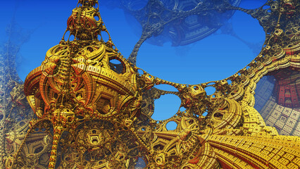 Gold construction and structures, abstract metallic fantastic shapes of ancient civilization architecture