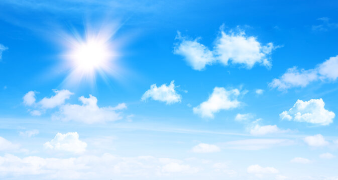 Sunny day background, blue sky with white cumulus clouds and glaring sun, natural summer or spring background with perfect hot day weather 3D illustration.