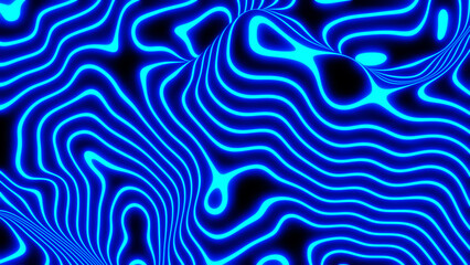 Abstract neon glowing background, 3D blue lines  on black - virtual reality concept, interesting striped modern technology and science design, 3D render illustration. - obrazy, fototapety, plakaty