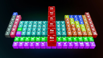 Noble gases elements in periodic table 3d illustration