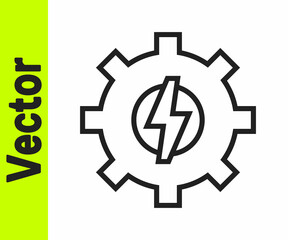 Black line Gear and lightning icon isolated on white background. Electric power. Lightning bolt sign. Vector