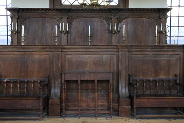 Amsterdam Portuguese Synagogue Interior Detail with Dark Brown Furniture and Candle Holders, Netherlands