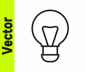 Obraz premium Black line Creative lamp light idea icon isolated on white background. Concept ideas inspiration, invention, effective thinking, knowledge and education. Vector