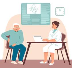 Doctor with patient, elderly man in modern clinic. Pain in joints. Consultation of orthopedist. Diagnosis of the disease. Vector illustration