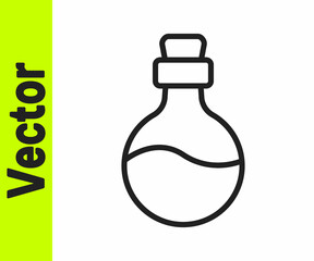 Black line Bottle with love potion icon isolated on white background. Happy Valentines day. Vector