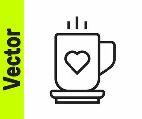 Obraz premium Black line Coffee cup and heart icon isolated on white background. Couple coffee for lovers on Valentines Day. Vector