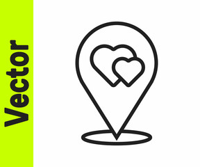 Black line Map pointer with heart icon isolated on white background. Valentines day. Love location. Romantic map pin. Vector