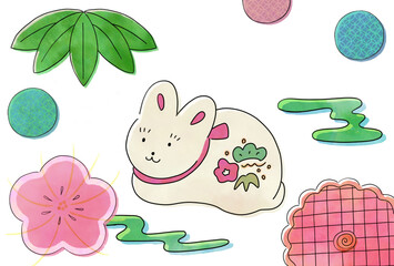 水彩風手描きの年賀状　和風うさぎ	