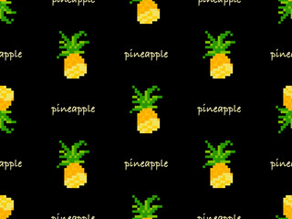 Pineapple cartoon character seamless pattern on black background. Pixel style