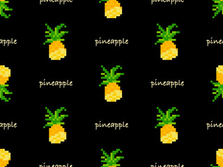 Pineapple cartoon character seamless pattern on black background. Pixel style