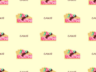 Cake cartoon character seamless pattern on yellow background. Pixel style