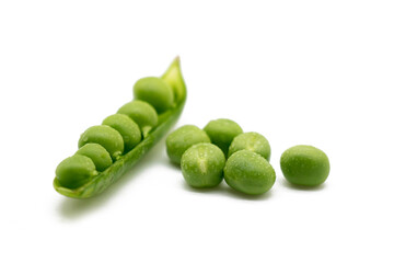 Fresh green pea pod with beans isolated on white background with clipping path