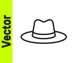 Black line Man hat with ribbon icon isolated on white background. Vector