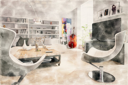 Watercolor Painting of a Contemporary Residential Loft Interior