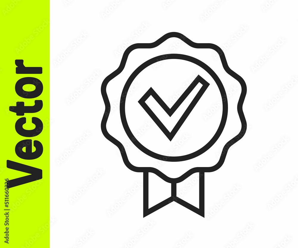 Poster black line approved or certified medal and check mark icon isolated on white background. vector