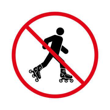 Ban Entry in Roller Skate Black Silhouette Icon. Caution Forbidden Rollerskate Pictogram. Man in Roll Red Stop Circle Symbol. No Allowed Skating Sign. Roller Prohibited. Isolated Vector Illustration