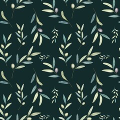 Seamless pattern with olive branches on a dark green background