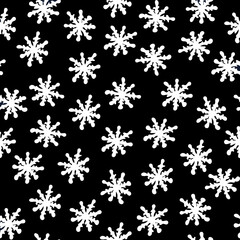 Seamless Pattern with White Snowflakes on Black Background. Abstract Hand-Drawn Doodle Snowflakes.