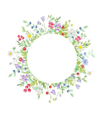 Watercolor wreath of meadow flowers and wild berries on a white background
