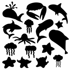 Set of Fish Silhouette. Fish vector by hand drawing. Fish tattoo on white background. Fish Silhouette Collection.