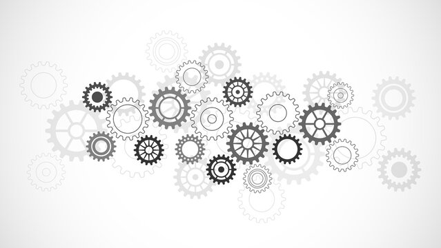Cogs and gear wheel mechanisms. Concepts and ideas for hi-tech digital technology and engineering design. Abstract technical background of mechanical engineering